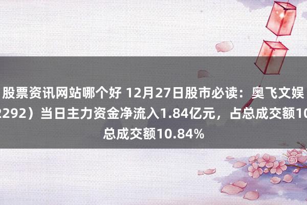 股票资讯网站哪个好 12月27日股市必读：奥飞文娱（002292）当日主力资金净流入1.84亿元，占总成交额10.84%